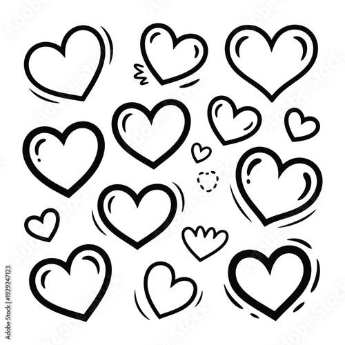 Love's Whispers: An assortment of heart illustrations, sketched with playful lines and filled with the essence of affection, spread across the frame.