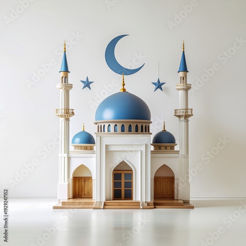 A miniature white mosque model with blue domes and minarets, set against a plain background with a crescent moon and stars, representing Islamic architecture and celebration.