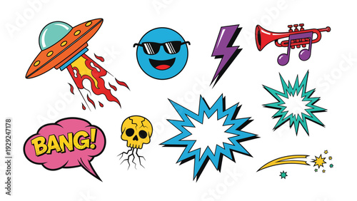 Comic elements illustrations collection: A vibrant collection of comic book elements, showcasing a playful blend of pop art, expressive emojis, and whimsical illustrations. 