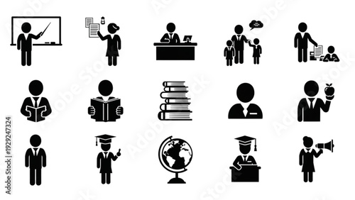 Teacher Silhouette Icon Set – Black Education and Classroom Solid Symbols Collection