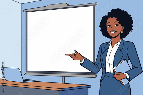 Wallpaper Mural Professional illustration of a confident Black woman in a business suit leading a presentation to colleagues in a modern office, showcasing leadership and corporate communication Torontodigital.ca