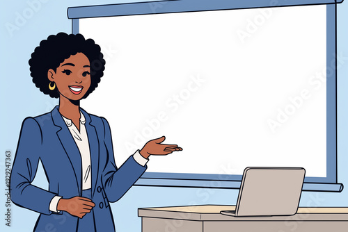 Professional illustration of a confident Black woman in a business suit leading a presentation to colleagues in a modern office, showcasing leadership and corporate communication