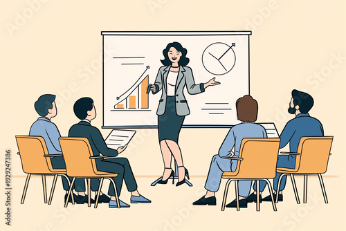 Wallpaper Mural 2D illustration showing a presenter explaining business strategy and company interests to a group of colleagues, highlighting teamwork and business model development Torontodigital.ca