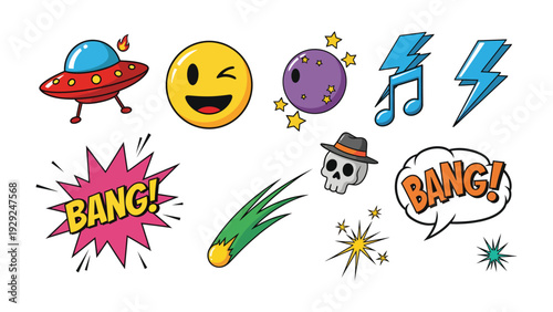 Pop Art Elements: A vibrant collection of comic book style illustrations including a flying saucer, various emojis, celestial bodies, musical notes, lightning bolts, and explosive text.