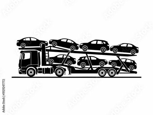 Car Transporter Truck Semi Trailer Silhouette with Sedans and SUVs Cargo