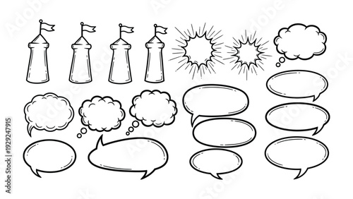 Comic Elements and Structures : A dynamic collection of comic elements. featuring structures, speech bubbles, and bursts for creative storytelling and visual impact.