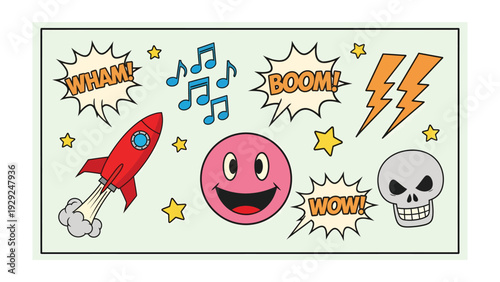 Comic Book Graphics: A collection of dynamic graphics, featuring a rocket soaring, expressive word bubbles, musical notes, lightning bolts, a cheerful emoji, stars, and a skull.