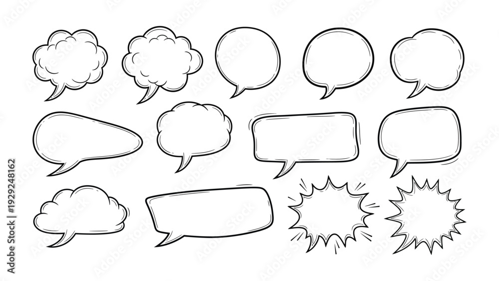 Fototapeta premium Comic Conversation Bubbles: A collection of various hand-drawn speech bubbles, perfect for illustrating dialogue, thoughts, and ideas in any creative project.