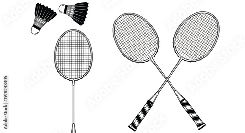 Vintage badminton racket and shuttlecock vector set with hand drawn sports equipment sketches