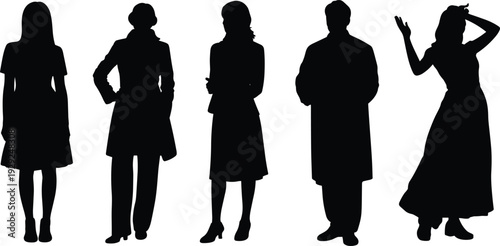 Black silhouette collection of people in various outfits including coats dresses and professional attire, cad drawing flat vector illustration, isolated on white background.