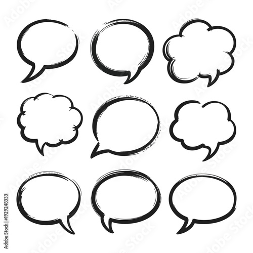 Communication Clouds: A collection of hand-drawn speech bubbles in various shapes and sizes. Symbolizing conversation, thoughts, ideas, and dialogue