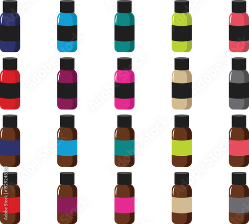 Colorful essential oil bottles set flat design vector illustration isolated on white background