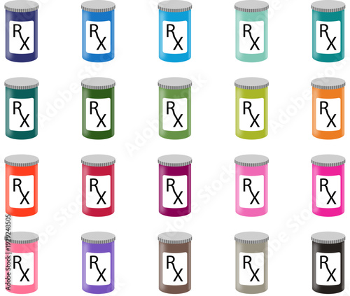 Colorful prescription pill bottles with RX labels vector illustration set, flat design medical clipart