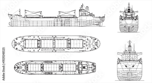 Cargo Ship Blueprint – Marine Vessel Engineering CAD Technical Drawing