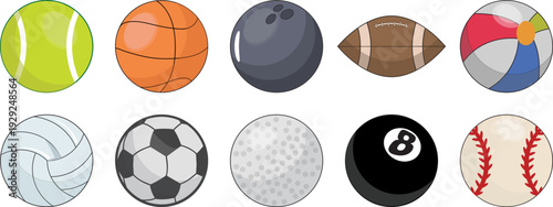 Collection of 9 sports balls vector illustration set, flat design clipart for games and activities