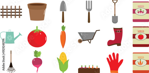 Vegetable gardening tools and fresh harvest flat design vector illustration clipart set