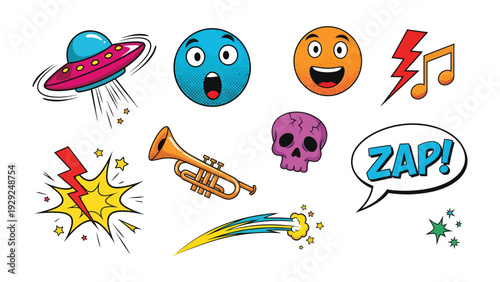 Comic Icon Set: A vibrant collection of comic book-inspired icons, featuring diverse designs like an alien spaceship, emotive faces, musical notes, and thought bubbles.
