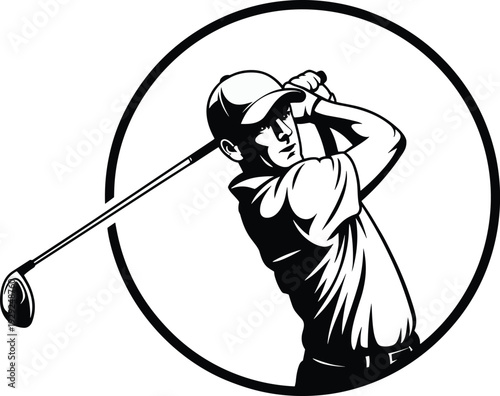 Golf player silhouette icon with circular border and mid-swing athletic theme - black vector illustration set