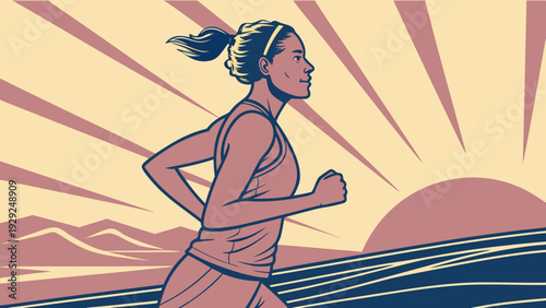 Ultra-realistic athletic woman running at sunrise, with abstract lines of light following her movement, details of sweat, cinematic backlighting.