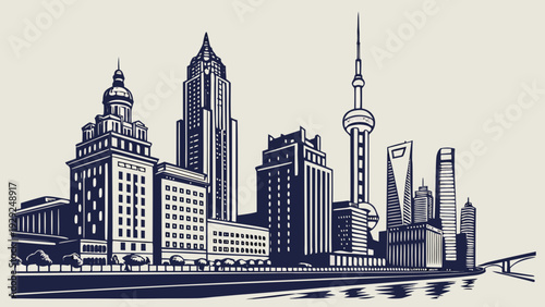 Ultra-realistic aerial view of a modern city skyline at night, with abstract, shimmering connecting lines linking buildings and realistic reflections.