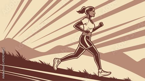 Ultra-realistic athletic woman running at sunrise, with abstract lines of light following her movement, details of sweat, cinematic backlighting.