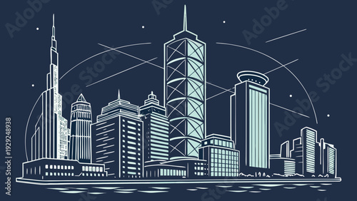 Ultra-realistic aerial view of a modern city skyline at night, with abstract, shimmering connecting lines linking buildings and realistic reflections.