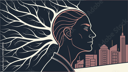 Ultra-realistic human profile under dramatic side lighting, abstract luminous neural lines emerging from the head like organic light trails.