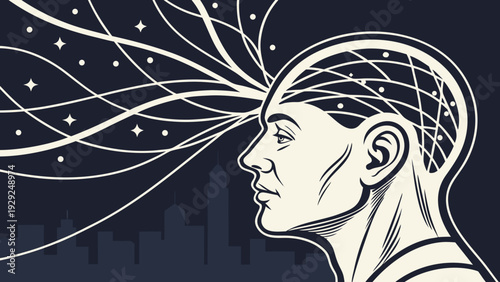 Ultra-realistic human profile under dramatic side lighting, abstract luminous neural lines emerging from the head like organic light trails.