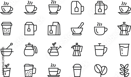 Black and white line of coffee and tea related teapot coffee, tea, cup, mug, teapot, kettle, coffee maker, coffee cup, tea bag, coffee beans, plant, leaves, steam, saucer, to go cup, french press, cof