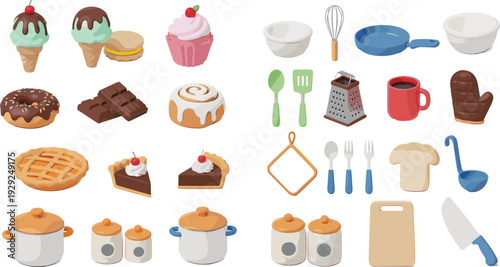 Dessert and kitchen utensil icon collection with cakes ice cream cookware and baking tools for food menu and cooking design.