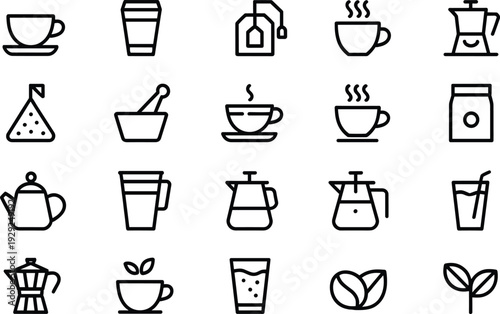 Black and white of coffee and tea related teapot coffee maker coffee, tea, cup, teapot, coffee maker, glass, milk carton, sugar, mortar and pestle, leaves, black, white, related, maker, collection, de