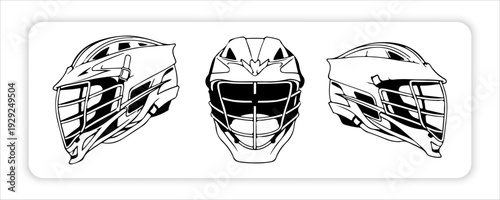 Black Lacrosse Helmet, Set Front and Side View, Sport goods and equipment, Vector Illustration, isolated on white background, web design
