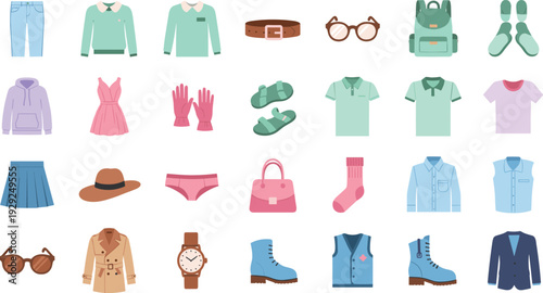 Fashion clothing and accessories icon collection with casual outfits shoes bags and eyewear for retail apparel catalog and online shopping design.