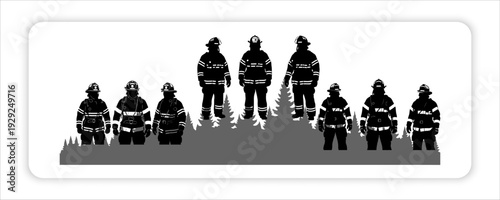 Firefighter and Rescue Worker Silhouettes Vector Set, Emergency Services Team in Uniform and Gear, 
Fireman Standing, Kneeling, and Walking Poses, Safety and Occupation Graphic, Isolated on White web 