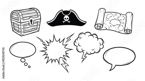 Pirate's Treasure Map: A collection of captivating illustrations of a pirate's essential artifacts, perfectly portraying the world of high-seas adventure and buried fortunes.