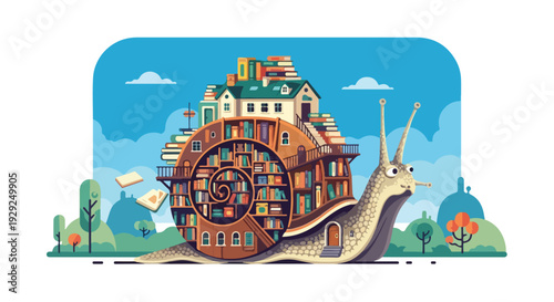 A snail illustration with a library for a shell