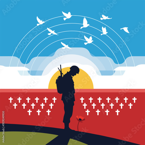 A soldier observes a sunset with doves, crosses, and a poppy
