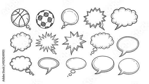 Speech Bubble Selection: A collection of various hand-drawn speech bubbles and thought bubbles, along with ball, perfect for visual communication.