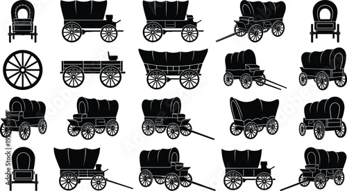 Black covered wagon silhouette set featuring western carriages, wooden wheels and pioneer transport for american frontier, prairie and wild west theme designs