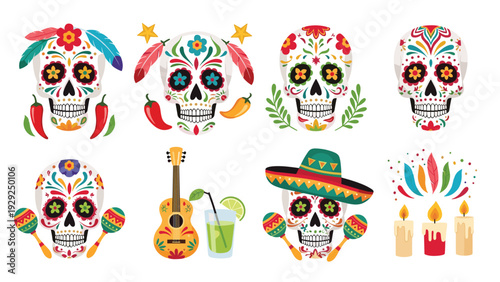 Traditional symbols for the Day of the Dead celebration include colorful sugar skulls, maracas, a guitar, and burning candles.