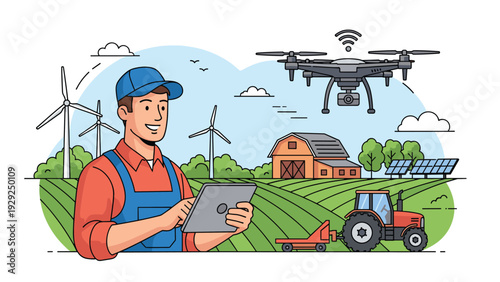 Modern farmer uses a digital tablet to manage a smart farm with a drone, wind turbines, solar panels, and a tractor in the field.