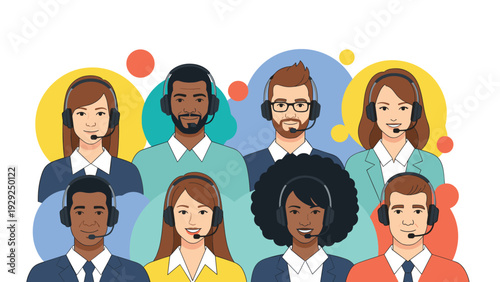Professional customer support team with diverse men and women wearing headsets is ready to help clients in a call center office.