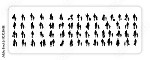 people silhouette in different positions isolated on white background. Men, women and children walking, running, standing, sitting. Isometric