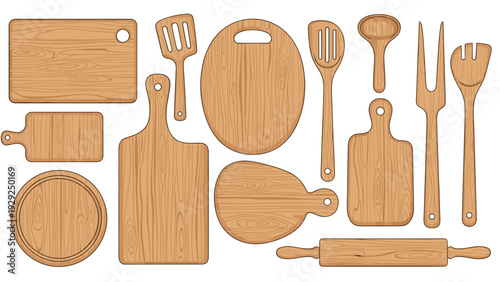 Collection of various wooden kitchen tools and cutting boards made of natural light wood are shown on a white background.