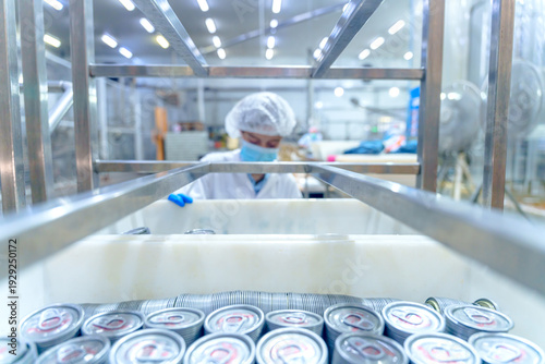Photography Worker checks cans in a food processing plant during the day in an industrial se