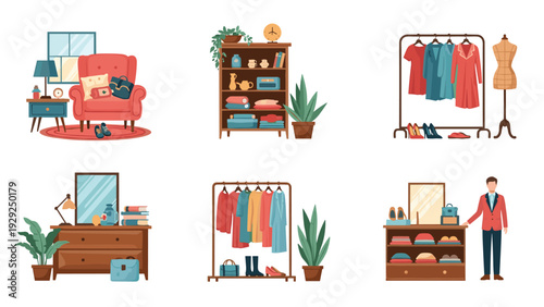 Six different scenes of home interiors show cozy rooms with furniture, clothing racks, bookshelves, and decorative indoor plants.