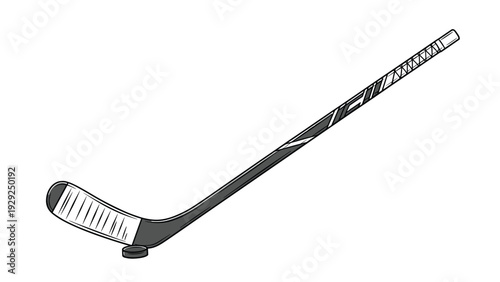 Simple black and white line drawing illustrates a professional hockey stick and a puck on a clean white background.