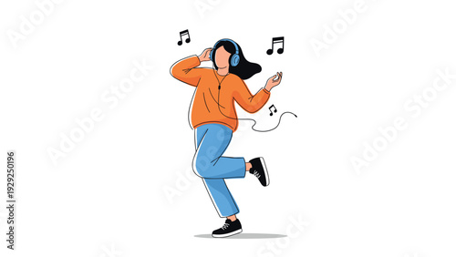 Young girl with headphones dances happily while listening to music with floating musical notes in a simple clean illustration.