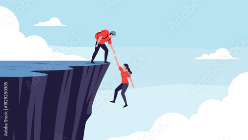 Male hiker reaching down from a cliff edge to help a female climber ascending a steep rock face against a cloudy sky.