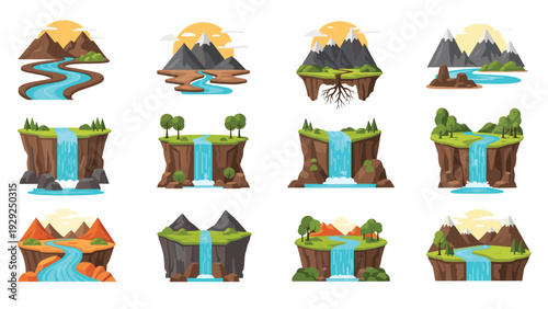 Set of colorful landscape icons shows various natural scenes like waterfalls, mountain rivers, and floating islands under the sun.
